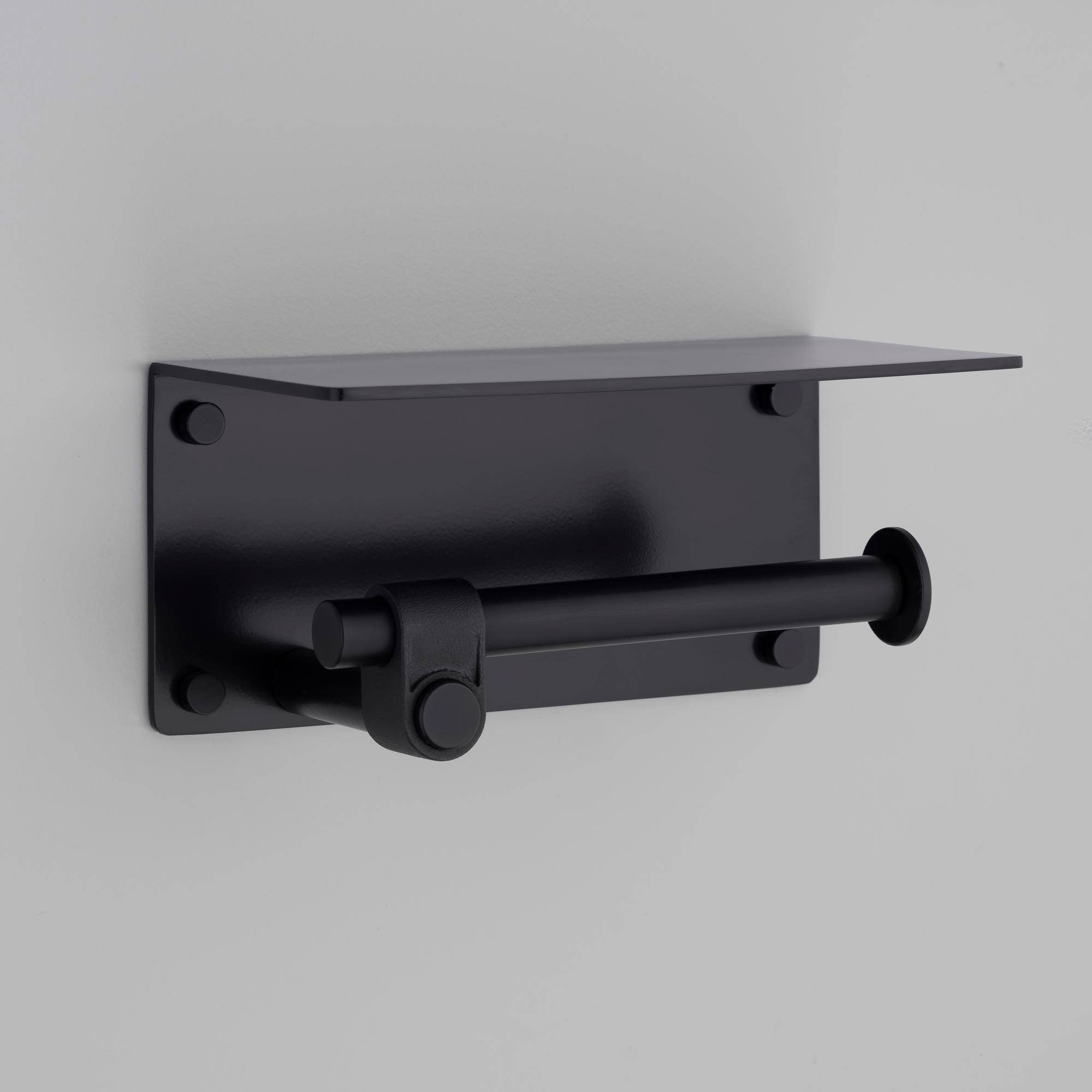 TOILET ROLL HOLDER / WITH SHELF / CAST / WELDERS BLACK