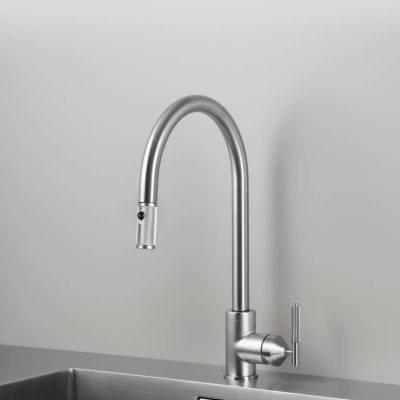 KITCHEN FAUCET / PULL-OUT WITH DUAL SPRAY / LINEAR / STEEL