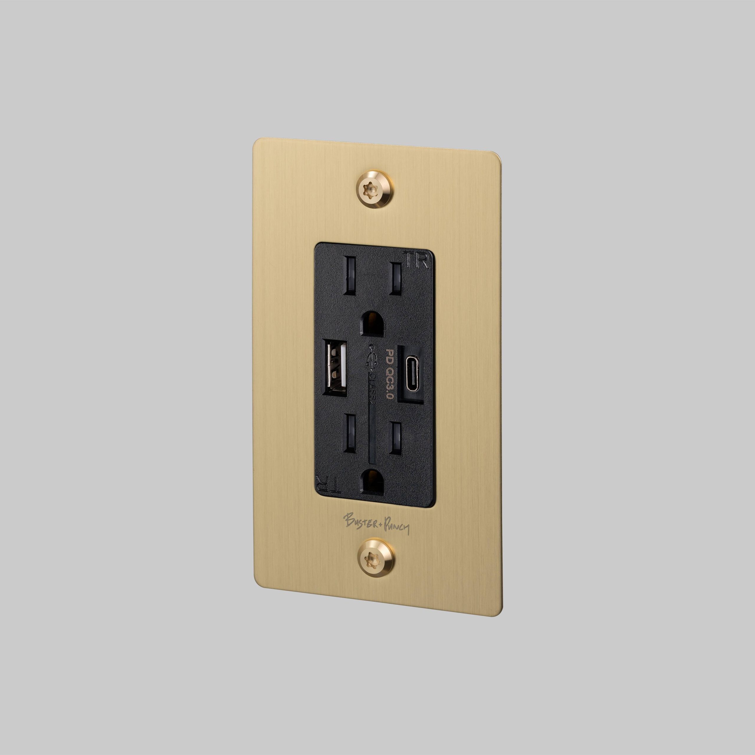 1G DUPLEX OUTLET / USB A + C / LINEAR / WITH LOGO / BRASS