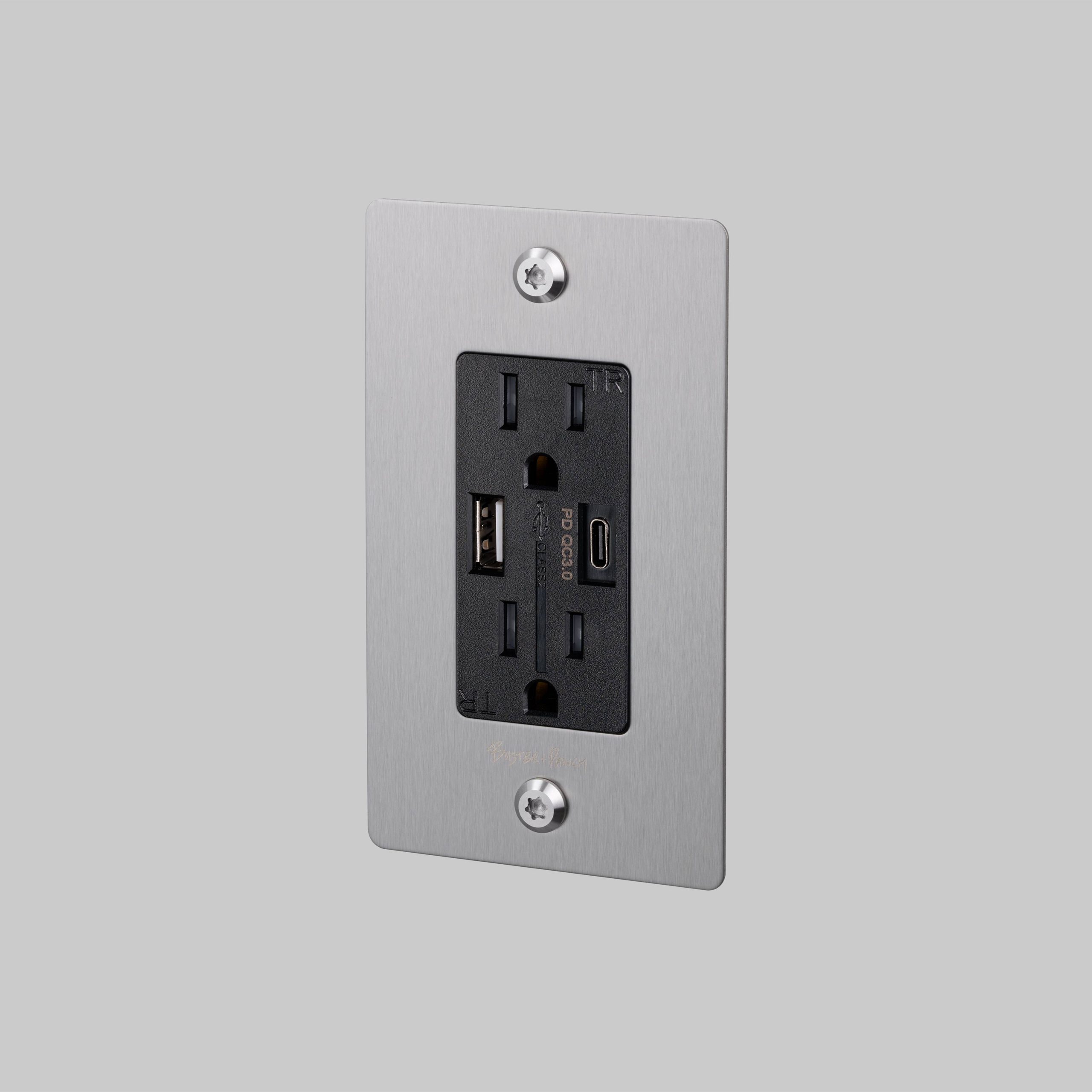 1G DUPLEX OUTLET / USB A + C / LINEAR / WITH LOGO / STEEL