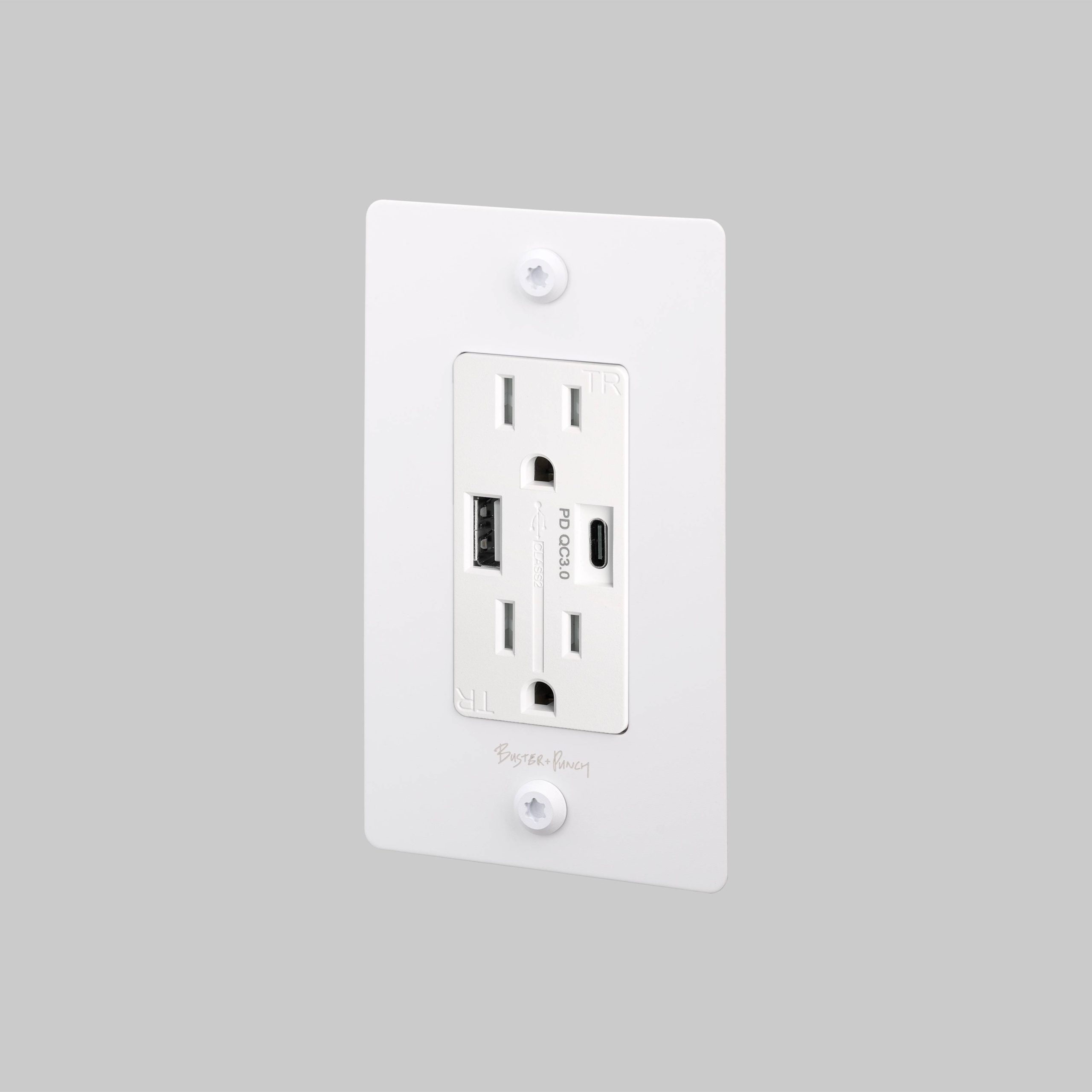 1G DUPLEX OUTLET / USB A + C / LINEAR / WITH LOGO / WHITE