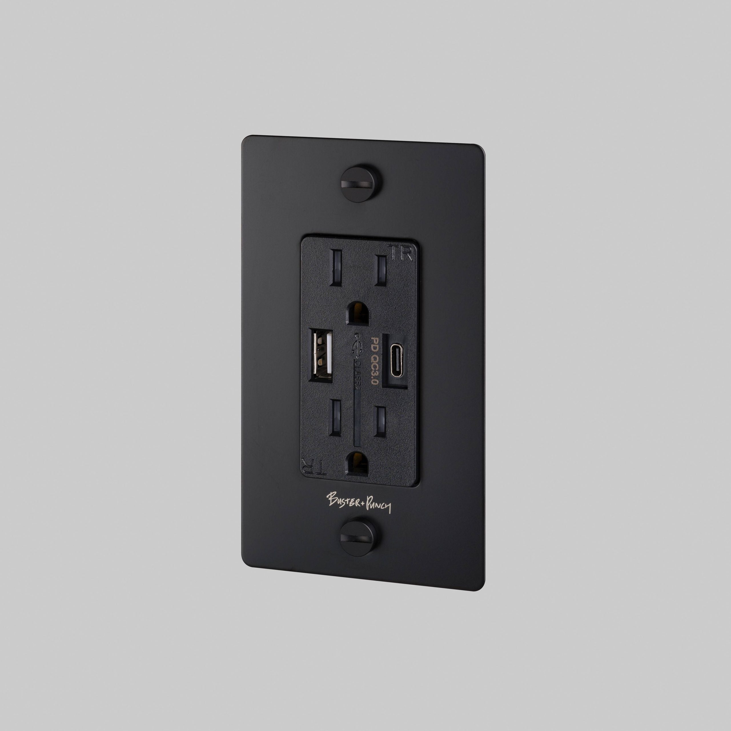 1G DUPLEX OUTLET / USB A + C / CROSS / WITH LOGO / BLACK