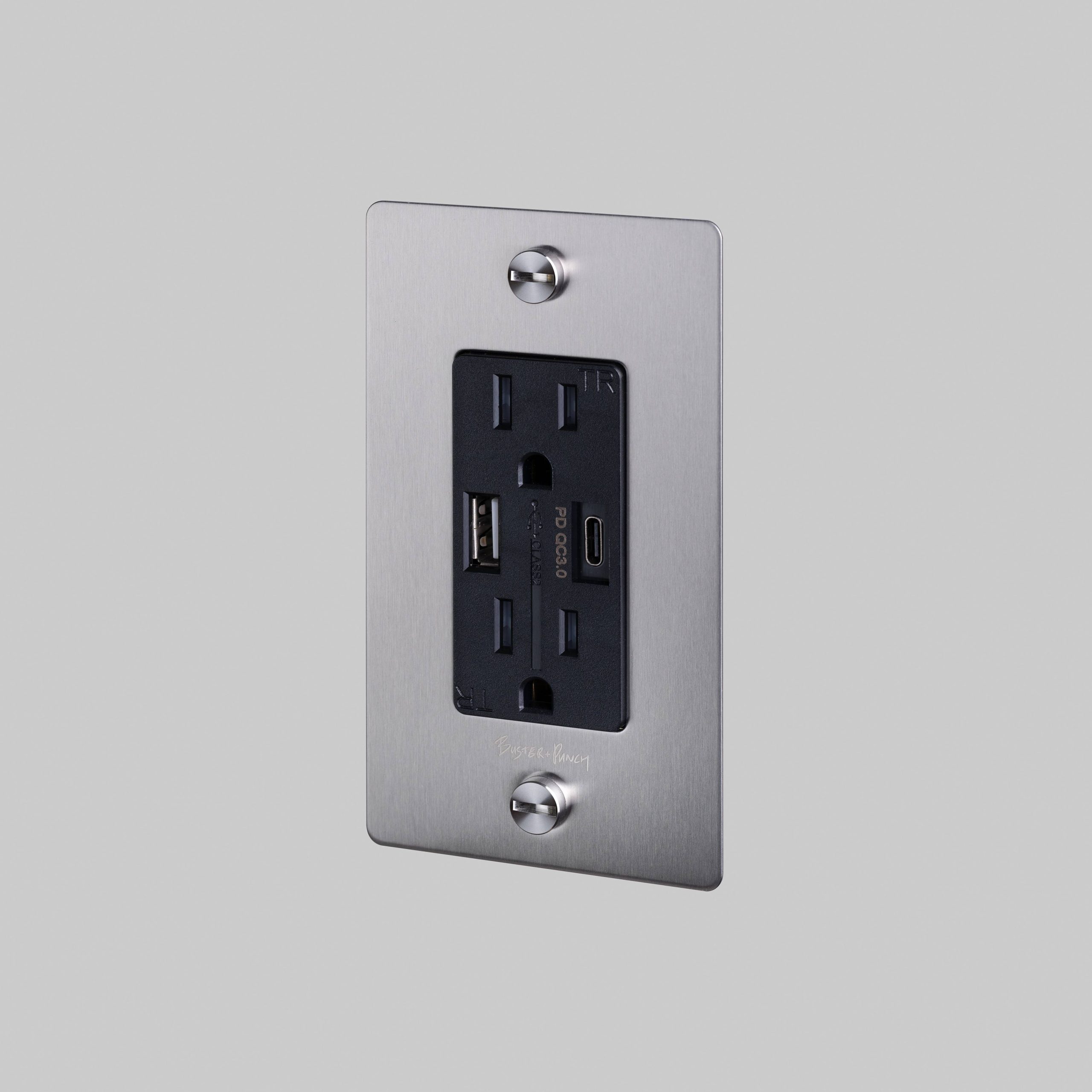1G DUPLEX OUTLET / USB A + C / CROSS / WITH LOGO / STEEL