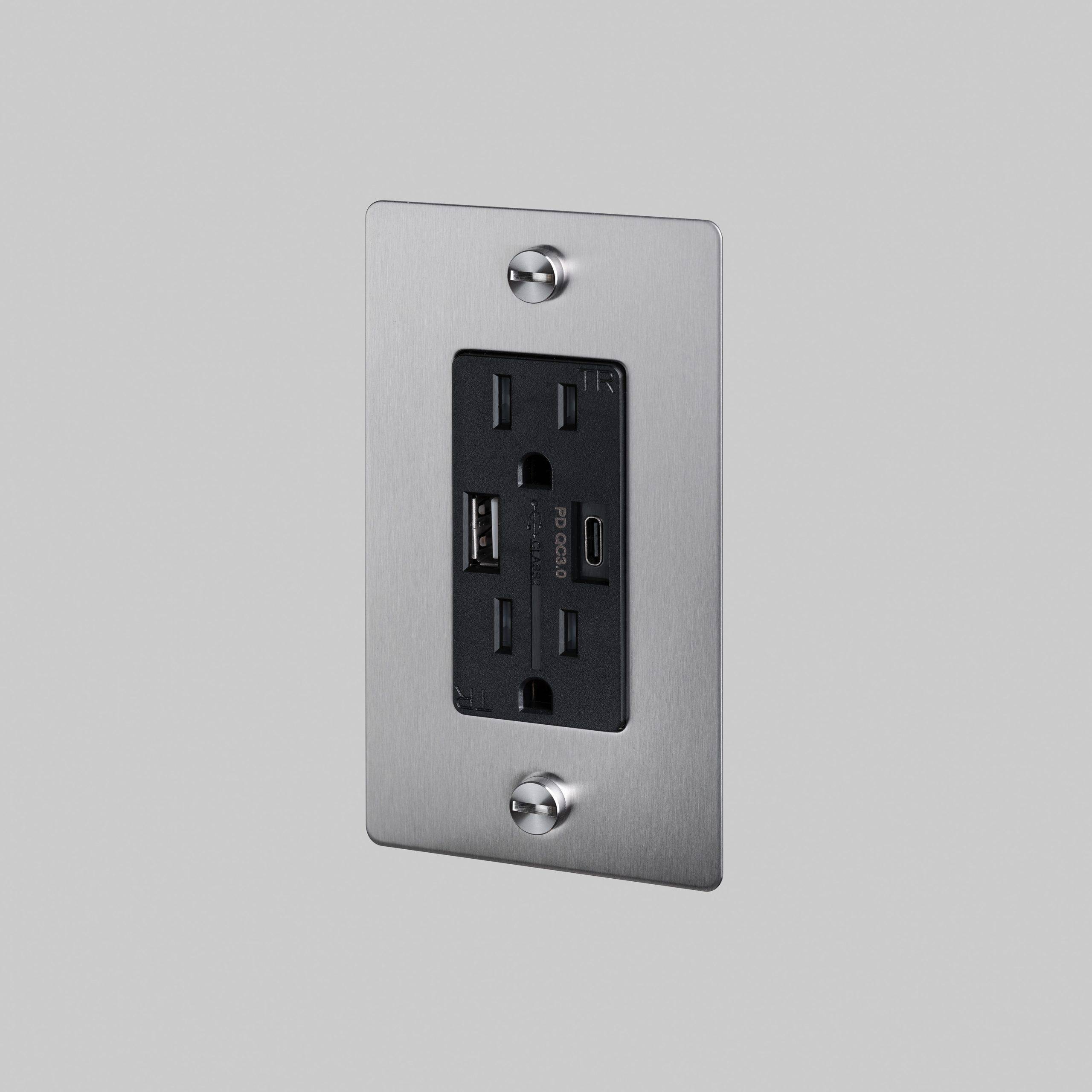 1G DUPLEX OUTLET / USB A + C / CROSS / WITHOUT LOGO / STEEL