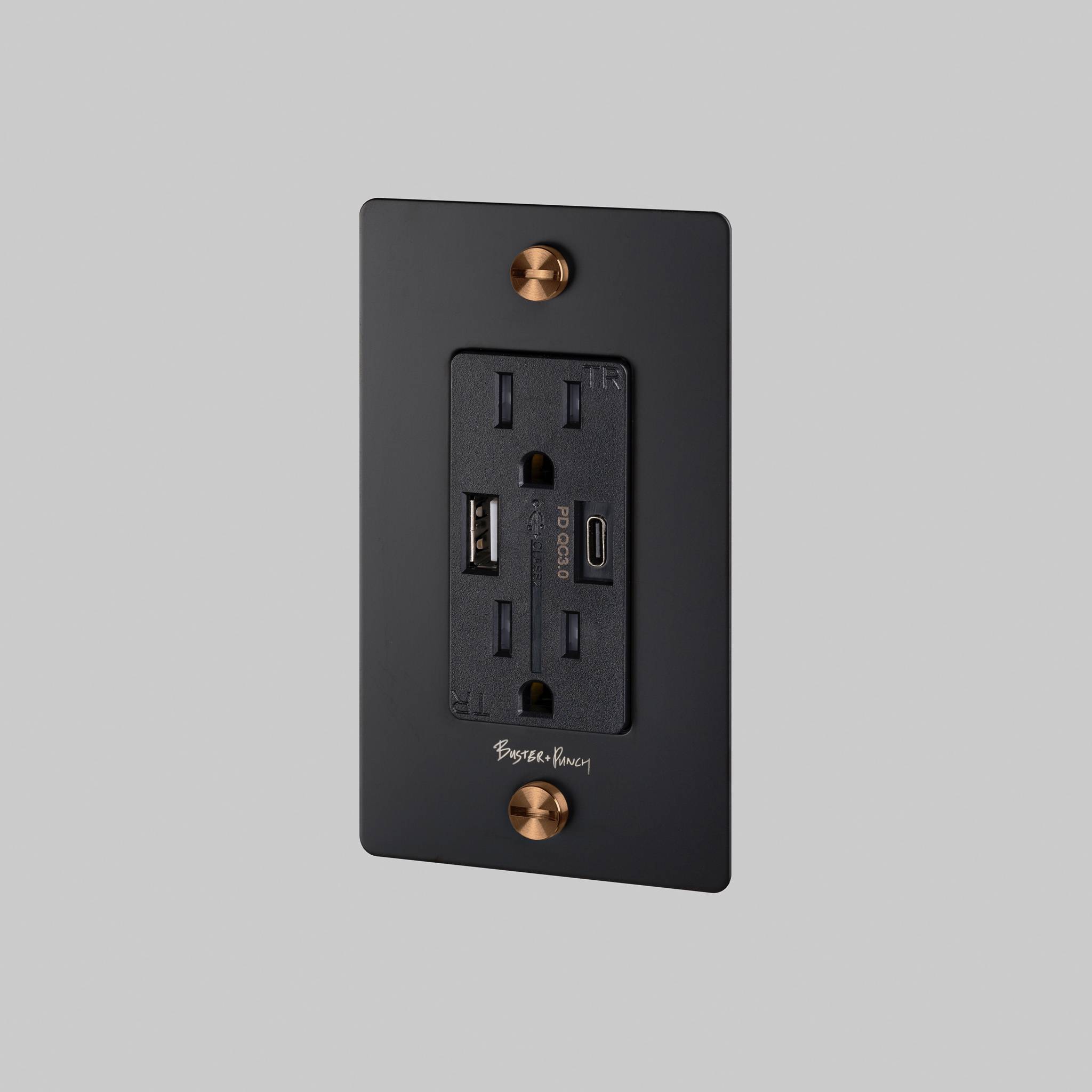 1G DUPLEX OUTLET / USB A + C / CROSS / WITH LOGO / BLACK / WARM SUNSET